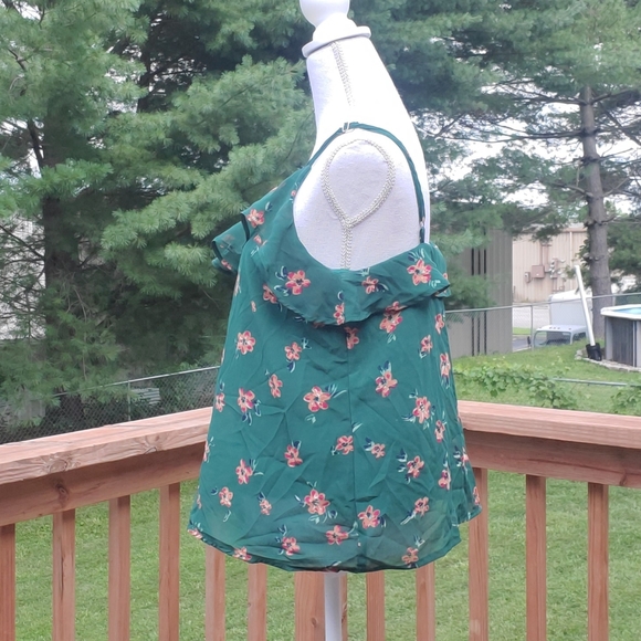 Japan green orange red flower ruffle tank top L - Picture 4 of 6
